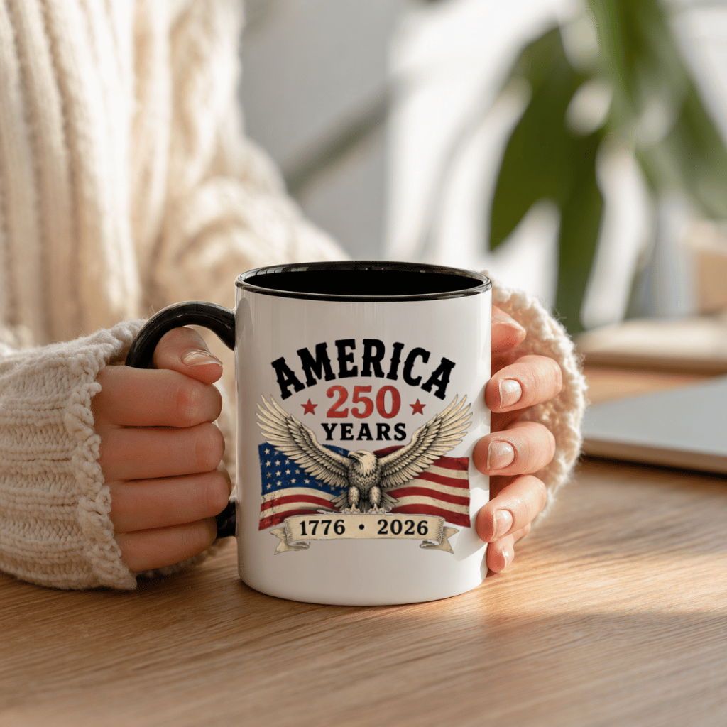 Patriotic USA 250 Accent Mug – 1776-2026 Anniversary Gift for Dad Mom, Vintage 4th of July American Flag - lifestyle view